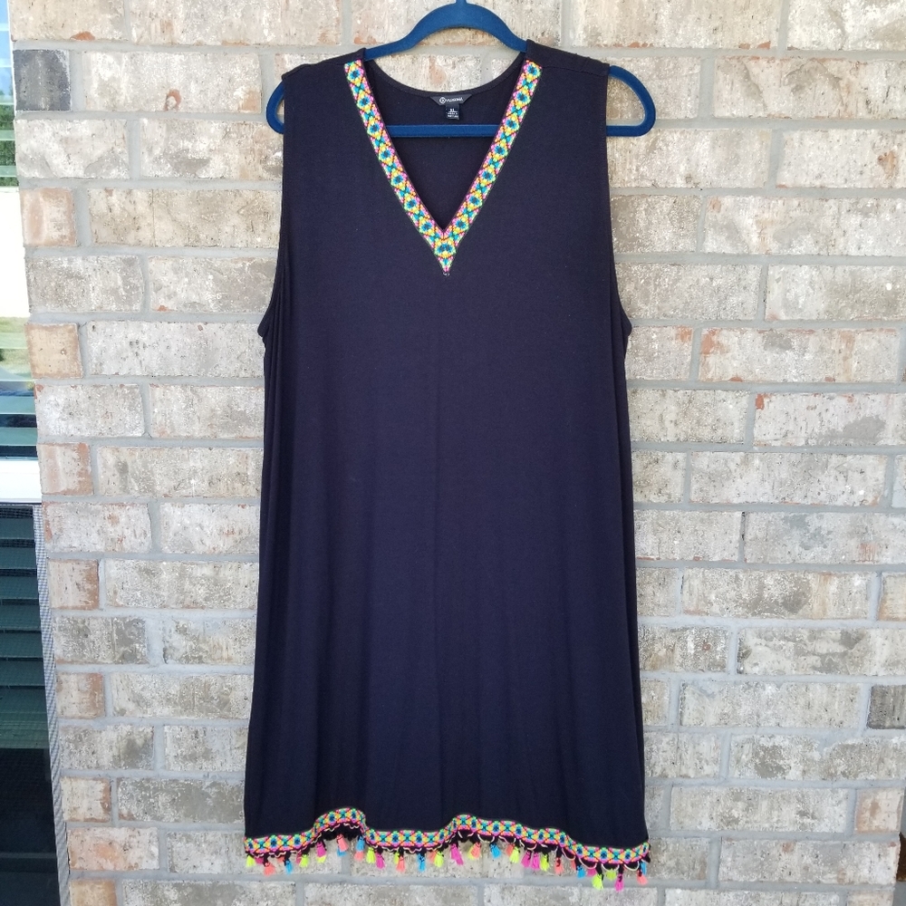 VERSONA XL Black Swim CoverUp Tunic Dress w/ PomPoms Embroidered Trim Sleeveless